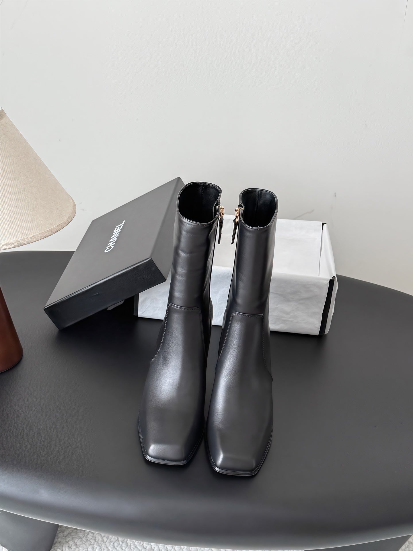CHANEL 26S ANKLE BOOT 70 MM IN BLACK CALFSKIN SQUARE TOE
