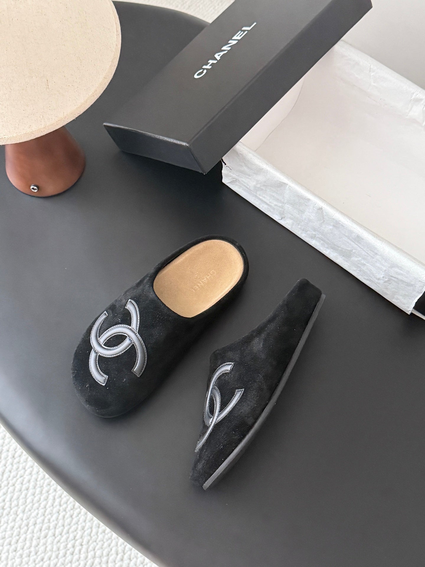 CHANEL 26S MULES IN BLACK SUEDE ROUND TOE