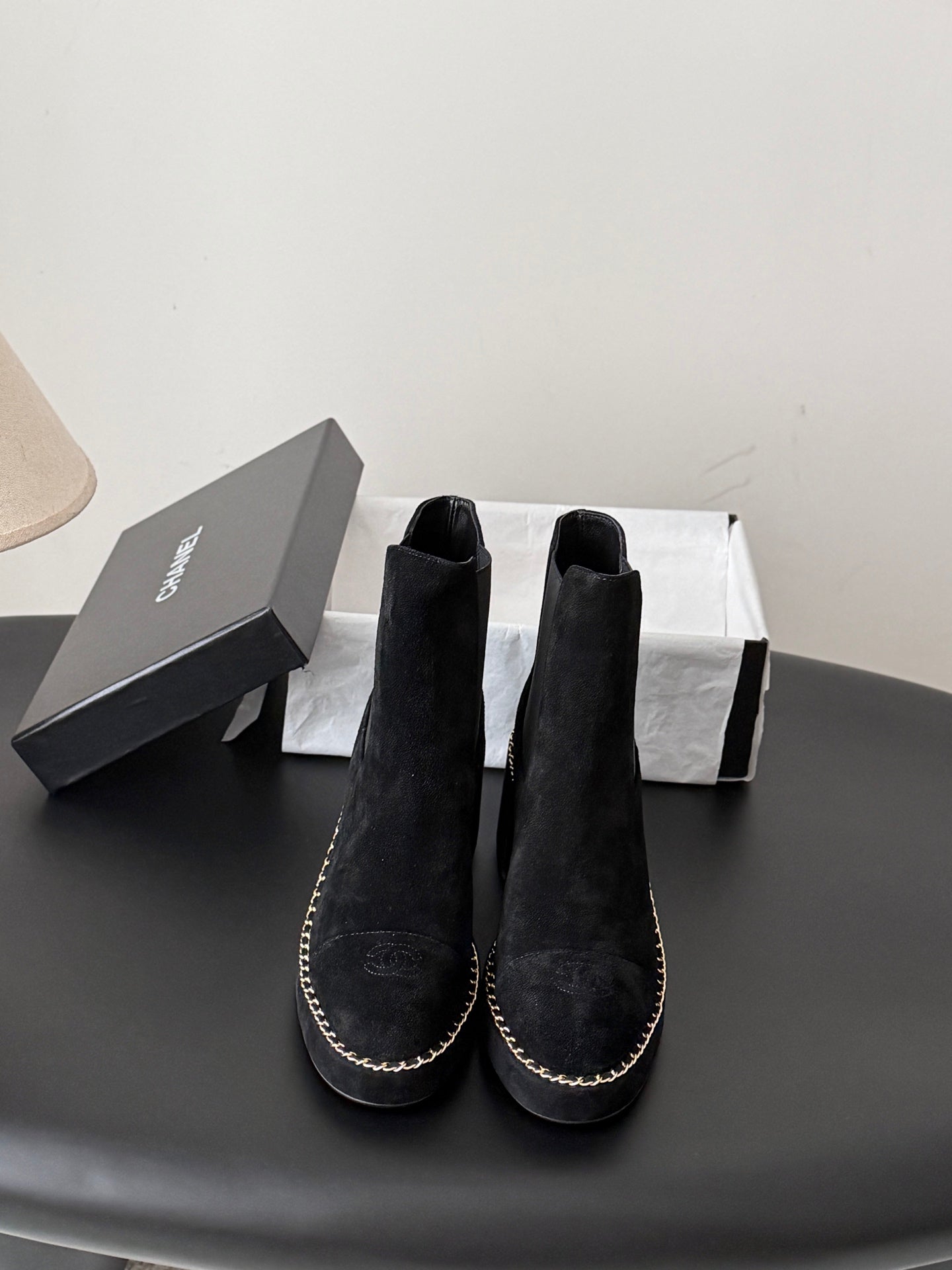 CHANEL 26S CHELSEA ANKLE BOOTS 70 MM IN BLACK SUEDE