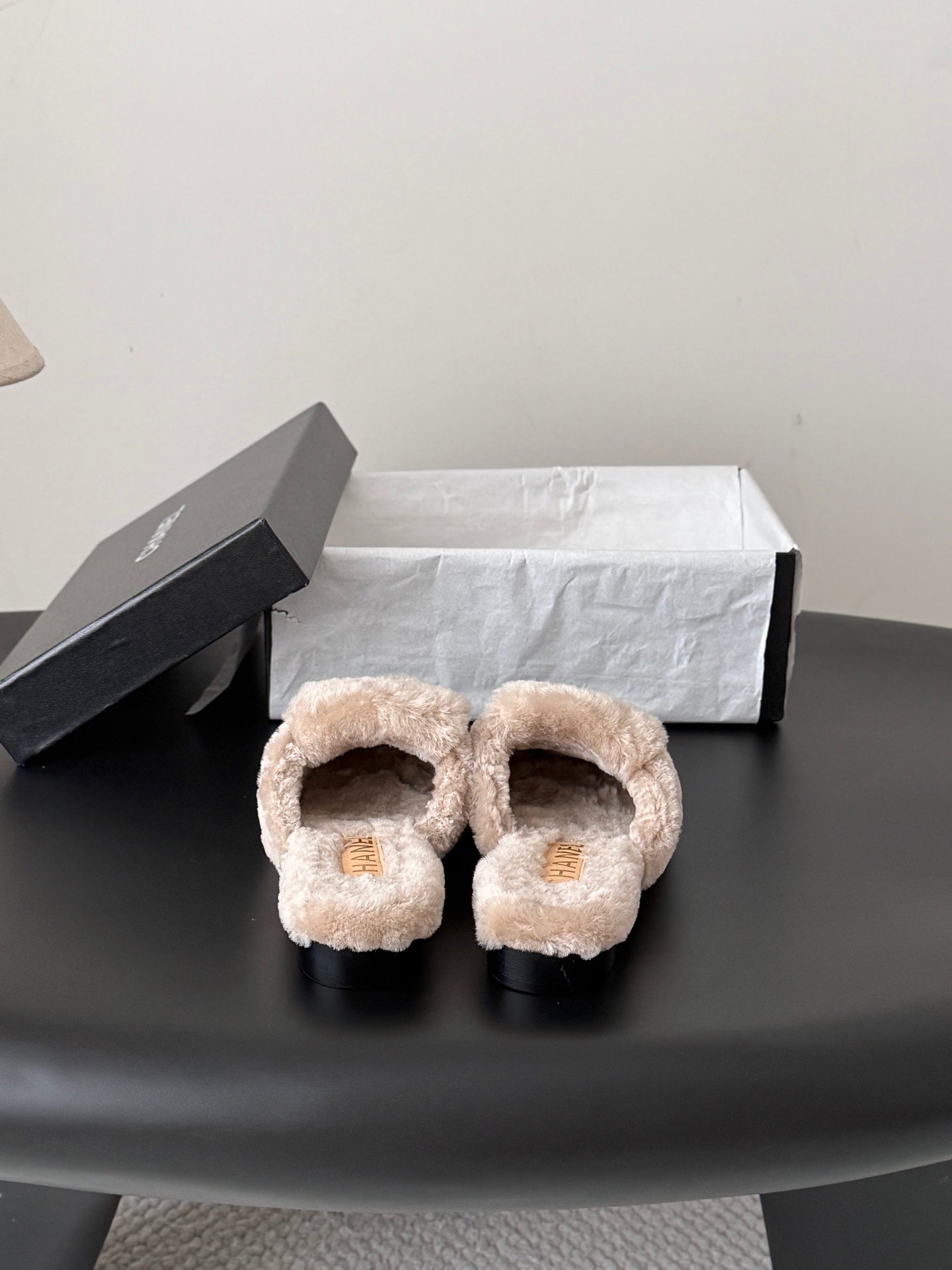 CHANEL 26S MULES IN BEIGE SHEARLING LINING