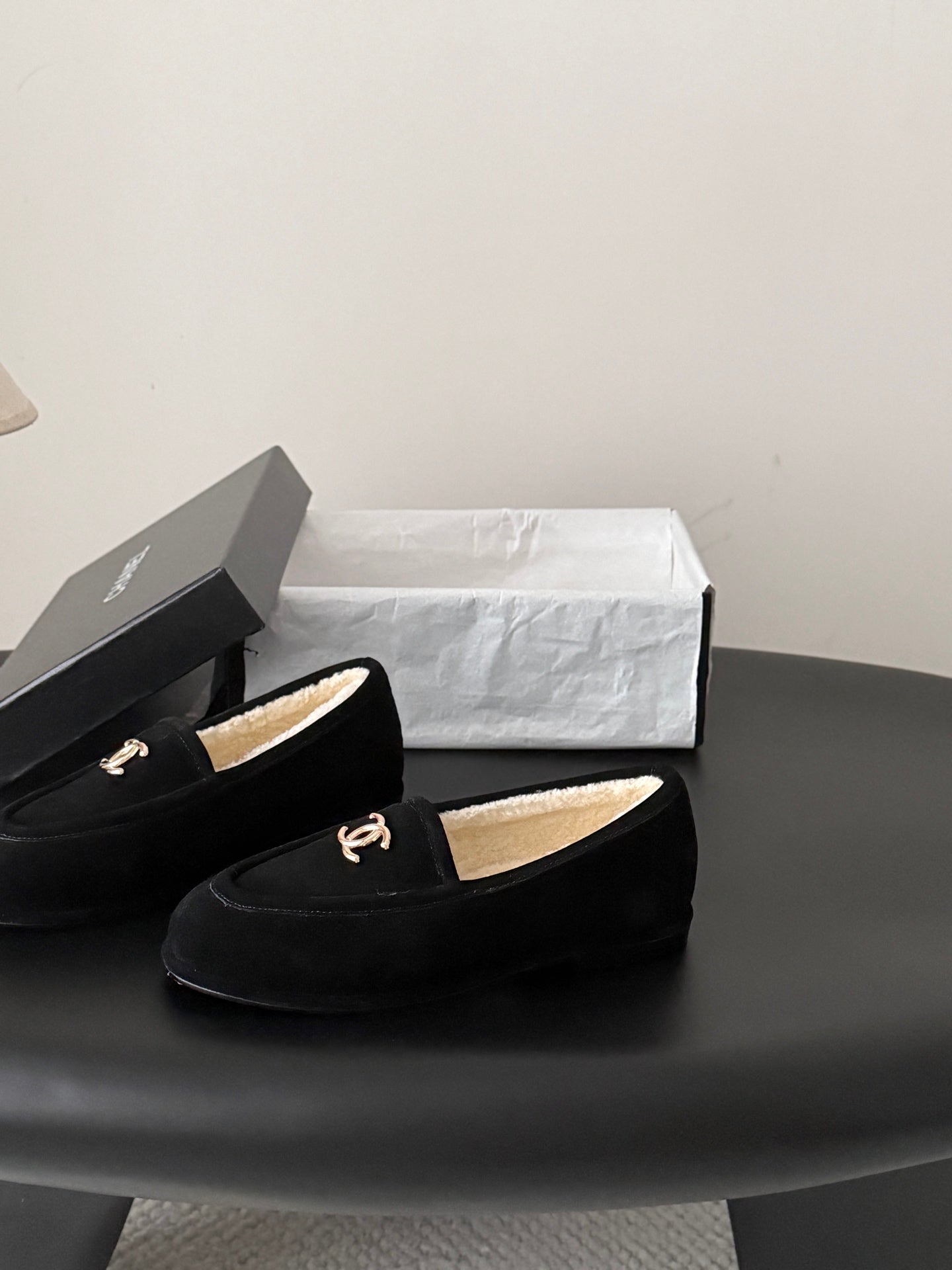 CHANEL 26S LOAFERS IN BLACK SUEDE AND SHEARLING LINING