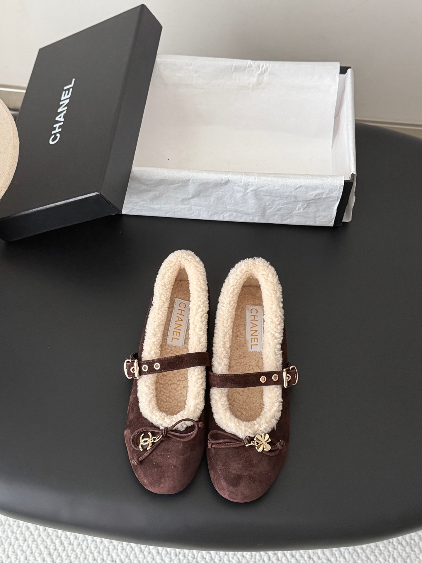 CHANEL 26S MARY JANE FLATS IN DARK BROWN SUEDE AND SHEARLING