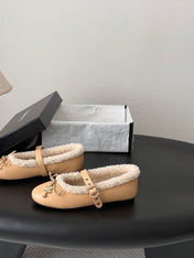 CHANEL 26S MARY JANE FLATS IN BEIGE LAMBSKIN AND SHEARLING