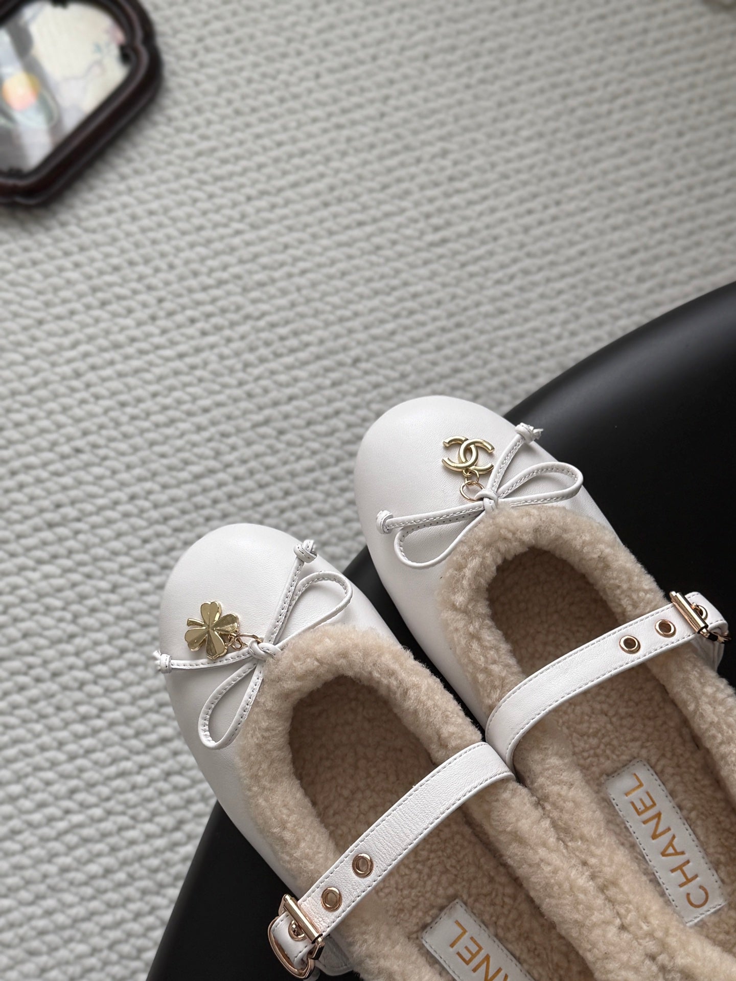 CHANEL 26S MARY JANE FLATS IN WHITE LAMBSKIN AND SHEARLING