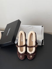 CHANEL 26S MARY JANE FLATS IN DARK BROWN SUEDE AND SHEARLING
