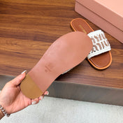 MIUMIU 26S CROCHET SLIDE SANDALS IN WHITE WOOL AND BROWN CALFSKIN