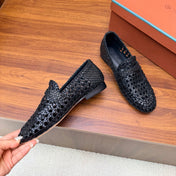 LP 26S PENNY LOAFERS IN BLACK CALFSKIN WITH BASKETWEAVE DESIGN
