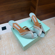 AQUAZZURA 26S HEELED SANDALS 75 MM IN LIGHT BLUE RAFFIA TEXTURE
