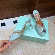 AQUAZZURA 26S HEELED SANDALS 75 MM IN LIGHT BLUE RAFFIA TEXTURE