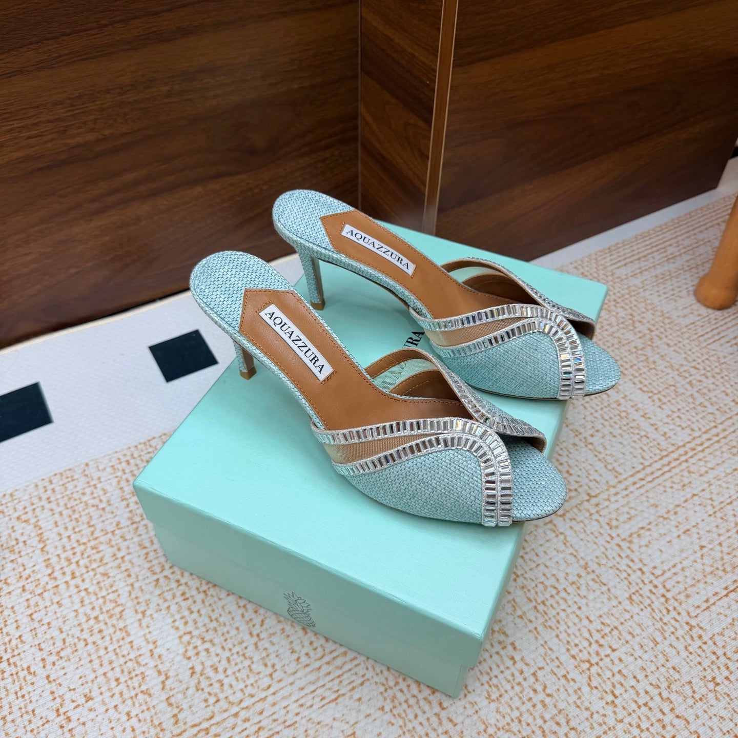 AQUAZZURA 26S HEELED SANDALS 75 MM IN LIGHT BLUE RAFFIA TEXTURE