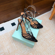 AQUAZZURA 26S LACE-UP HEEL SANDALS 100 MM IN BLACK CALFSKIN