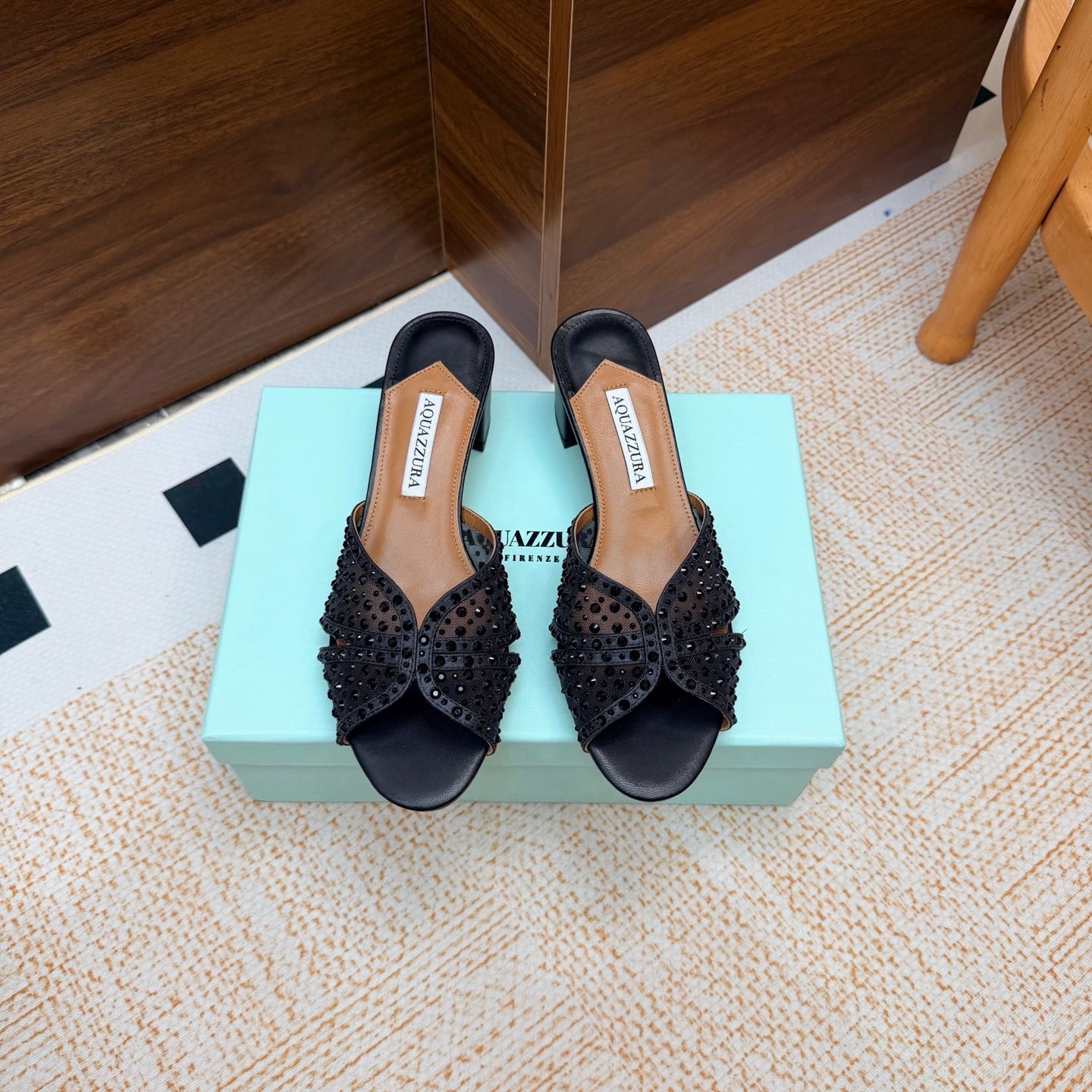 AQUAZZURA 26S CELESTE SANDALS 55 MM IN BLACK MESH & LEATHER
