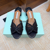 AQUAZZURA 26S CELESTE SANDALS 55 MM IN BLACK MESH & LEATHER
