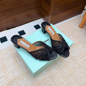 AQUAZZURA 26S CELESTE SANDALS 55 MM IN BLACK MESH & LEATHER