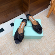 AQUAZZURA 26S CELESTE SANDALS 55 MM IN BLACK MESH & LEATHER