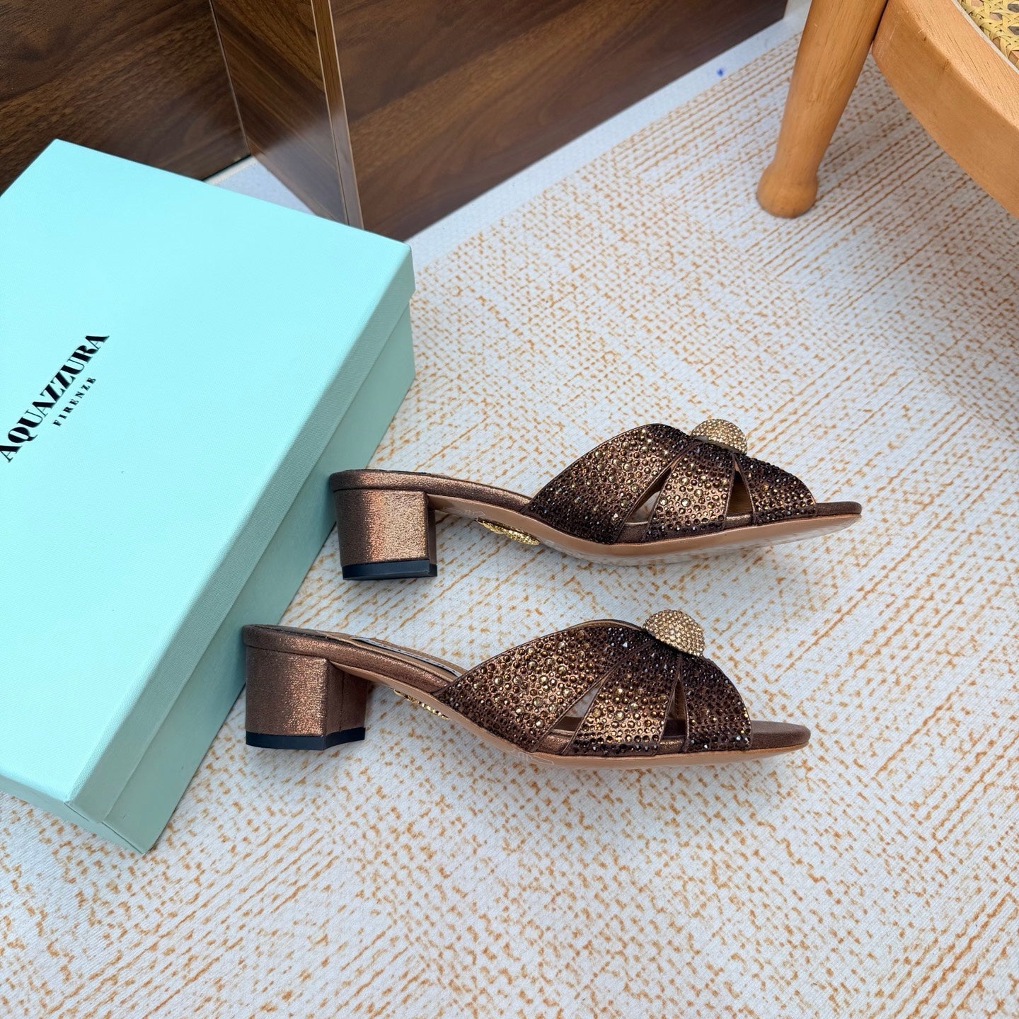 AQUAZZURA 26S CELESTE SLIDE SANDALS 55 MM IN BRONZE CALFSKIN
