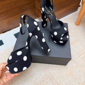 YSL 26S HEEL SANDALS 125 MM IN BLACK & WHITE POLKA-DOT SATIN