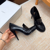 YSL 26S HIGH HEEL LOAFERS 110 MM IN BLACK CALFSKIN