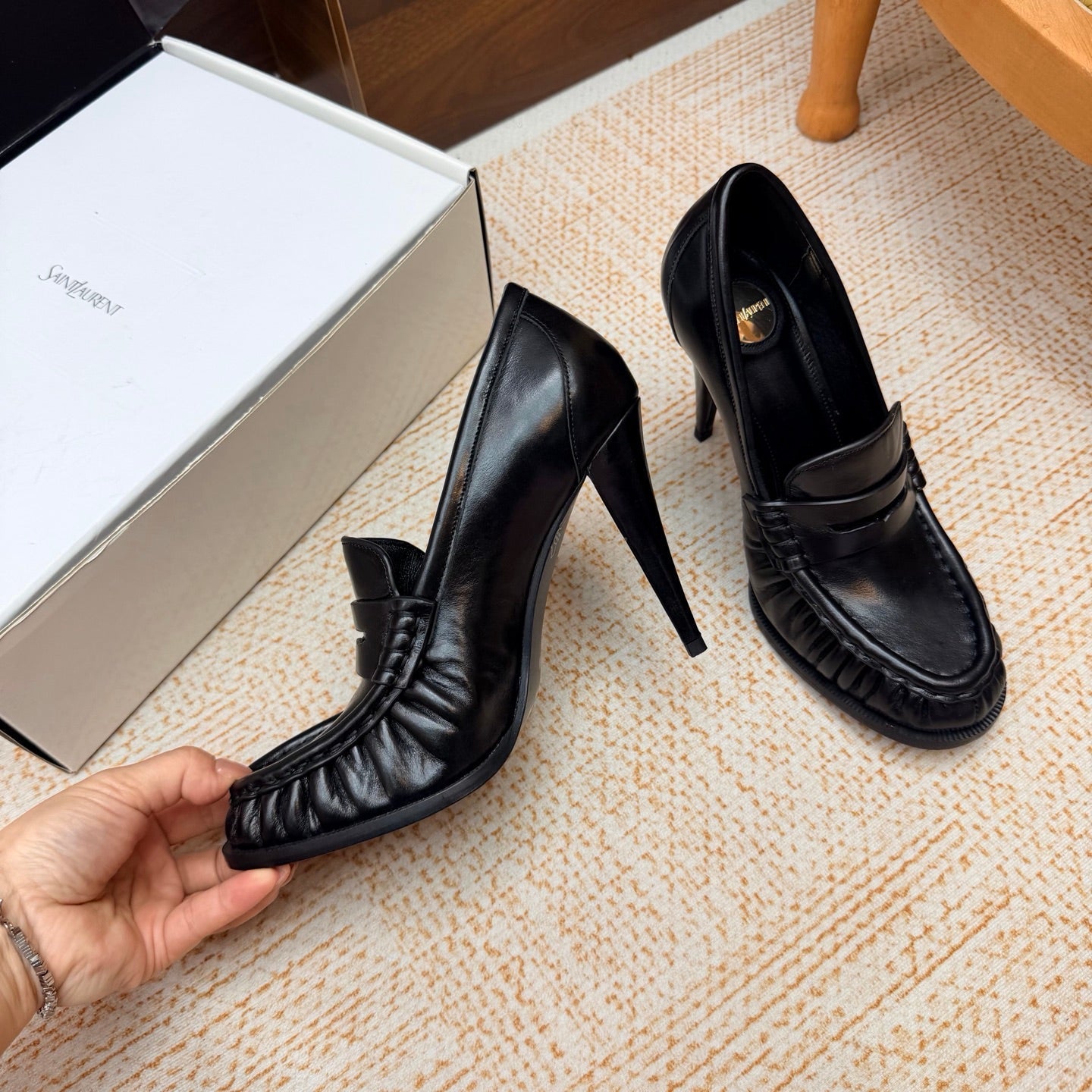 YSL 26S HIGH HEEL LOAFERS 110 MM IN BLACK CALFSKIN