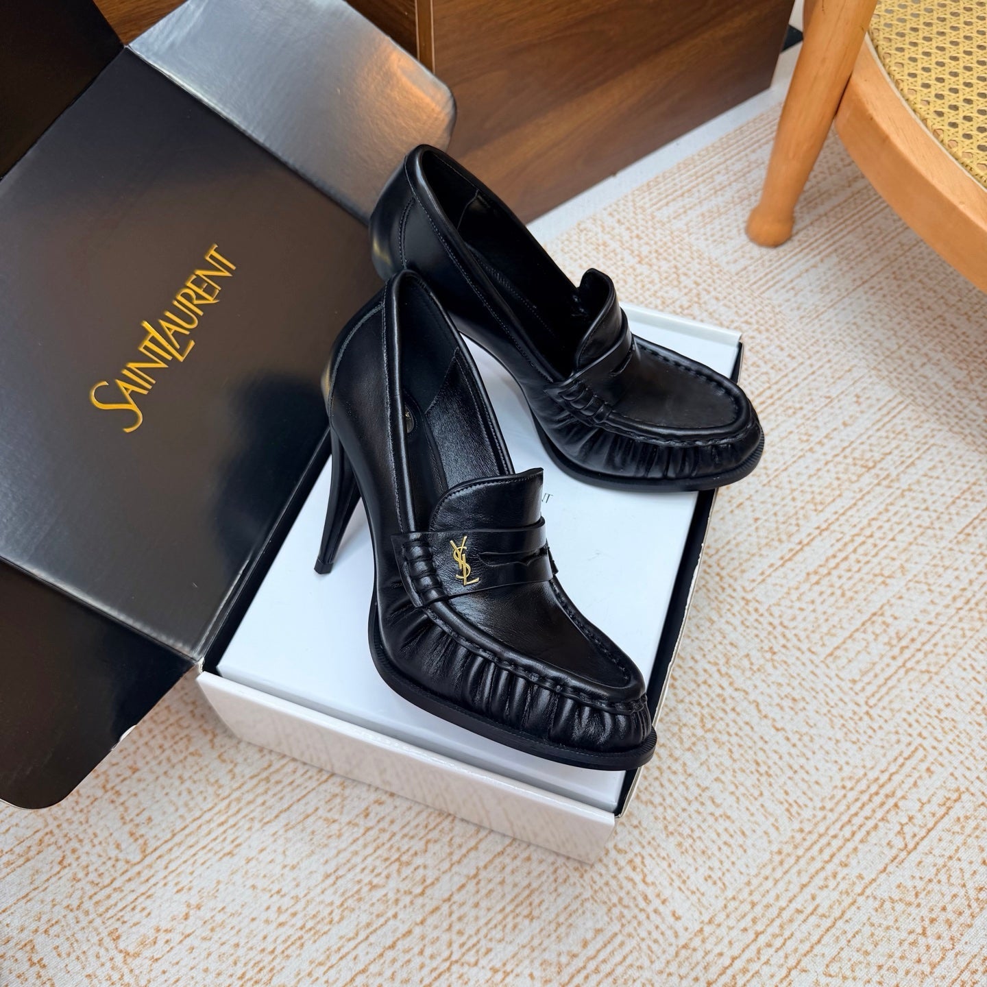 YSL 26S HIGH HEEL LOAFERS 110 MM IN BLACK CALFSKIN