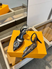 HIGH HEEL 75 MM SLINGBACK IN CHOCOLATE BROWN MONOGRAM CALFSKIN WITH CRYSTAL