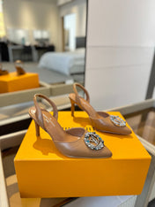 HIGH HEEL 75 MM SLINGBACK IN BRONZE BROWN CALFSKIN WITH CRYSTAL
