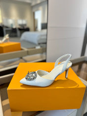 HIGH HEEL 75 MM SLINGBACK IN WHITE CALFSKIN WITH CRYSTAL