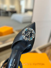 HIGH HEEL 75 MM SLINGBACK IN BLACK CALFSKIN WITH CRYSTAL