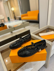 ROMY FLAT BALLERINA IN BLACK MESH PATENT CALFSKIN