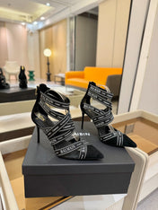 BALMAIN 25S HIGH HEELS LOGO RIBBON 95MM IN BLACK FULL SUEDE