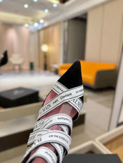 BALMAIN 25S HIGH HEELS LOGO RIBBON 95MM IN BLACK AND WHITE SUEDE