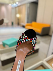 AQUAZZURA 26S TEQUILA HEELED SANDALS 85 MM IN BLACK SUEDE WITH MULTICOLOR CRYSTAL