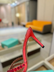 AQUAZZURA 26S TEQUILA HEELED SANDALS 85 MM IN RED LAMBSKIN