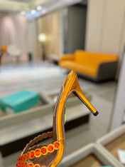 AQUAZZURA 26S TEQUILA HEELED SANDALS 85 MM IN METALLIC ORANGE LAMBSKIN