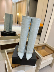 BALMAIN 26S KNEE-HIGH BOOTS 100 MM IN LIGHT BLUE DENIM
