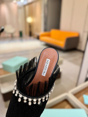 AQUAZZURA 26S FLAT MULES IN BLACK MESH CRYSTAL EMBELLISHMENTS
