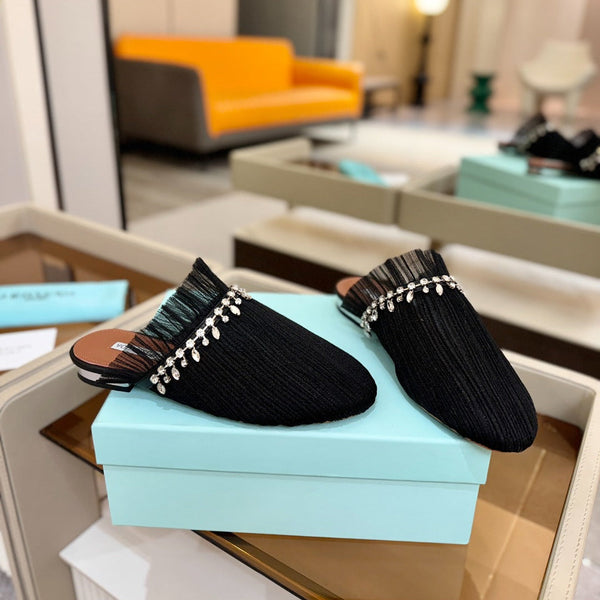 AQUAZZURA 26S FLAT MULES IN BLACK MESH CRYSTAL EMBELLISHMENTS