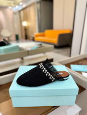 AQUAZZURA 26S FLAT MULES IN BLACK MESH CRYSTAL EMBELLISHMENTS