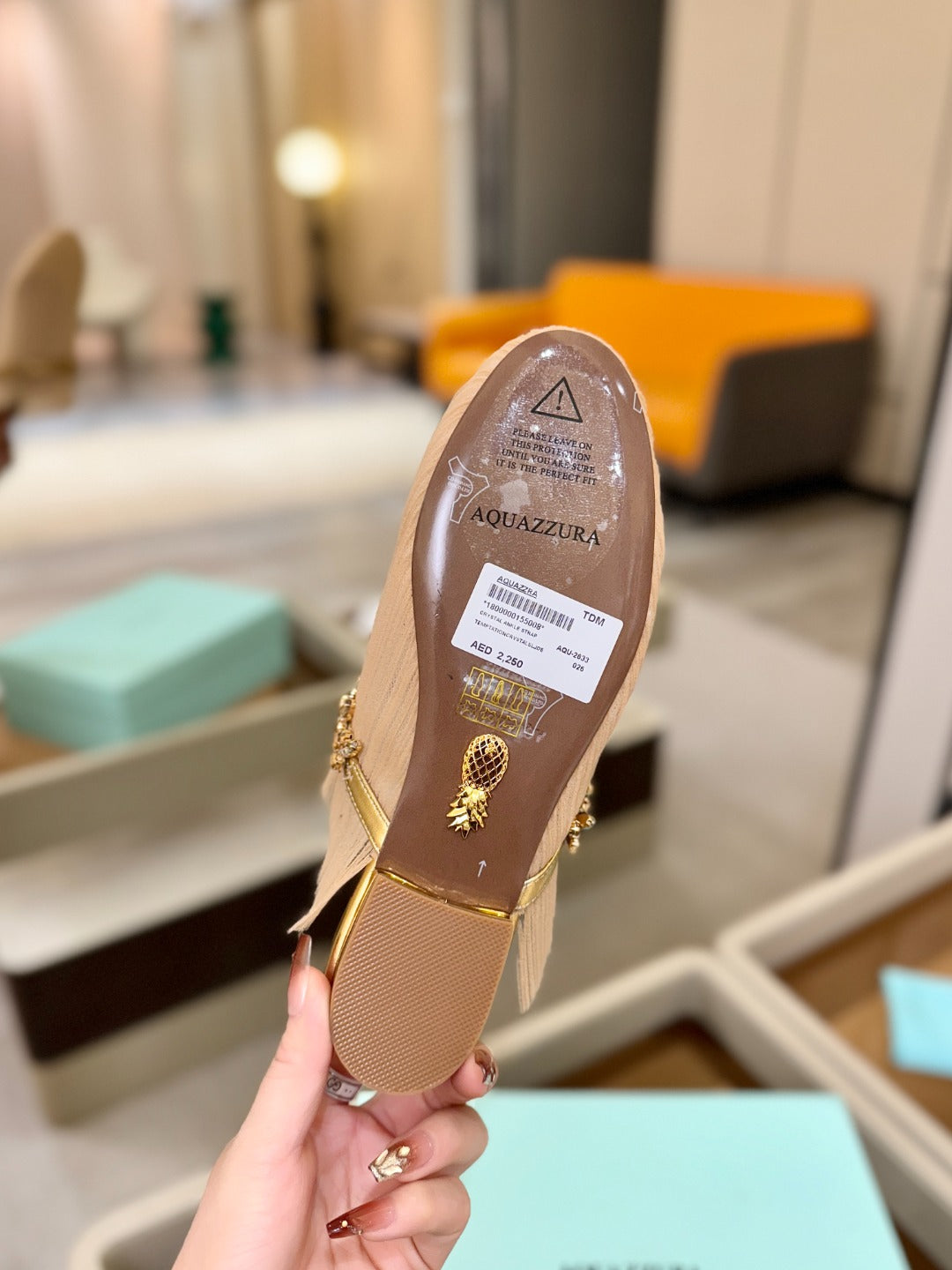AQUAZZURA 26S FLAT MULES IN BEIGE MESH CRYSTAL EMBELLISHMENTS