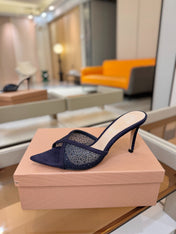 GIANVITO ROSSI 26S POINTED TOE HIGH HEELS 85 MM IN DEEP PURPLE BLUE SUEDE WITH RHINESTONE STRAP