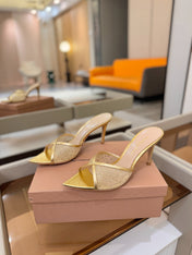 GIANVITO ROSSI 26S POINTED TOE HIGH HEELS 85 MM IN GOLD LAMBSKIN WITH RHINESTONE STRAP