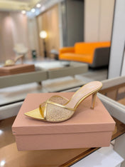 GIANVITO ROSSI 26S POINTED TOE HIGH HEELS 85 MM IN GOLD LAMBSKIN WITH RHINESTONE STRAP
