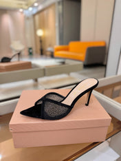 GIANVITO ROSSI 26S POINTED TOE HIGH HEELS 85 MM IN BLACK SUEDE WITH RHINESTONE STRAP