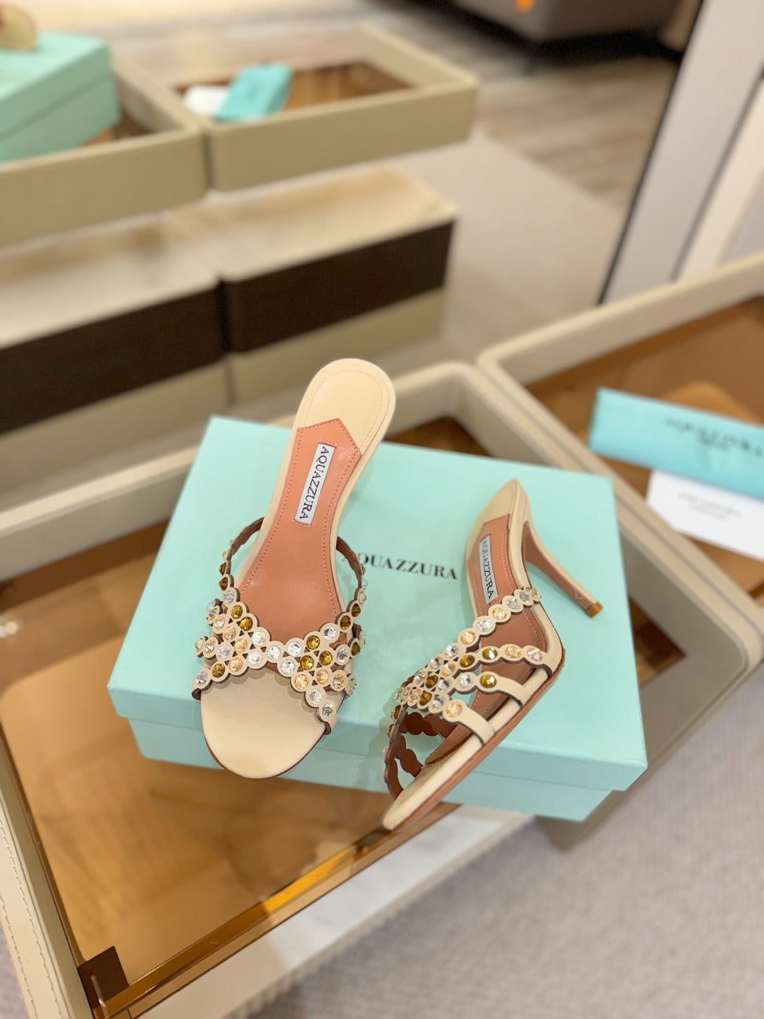 AQUAZZURA 26S TEQUILA HEELED SANDALS 85 MM IN BEIGE LAMBSKIN
