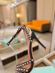AQUAZZURA 26S STRAPPY HIGH HEELS 105 MM IN BLACK TEXTURED LEATHER