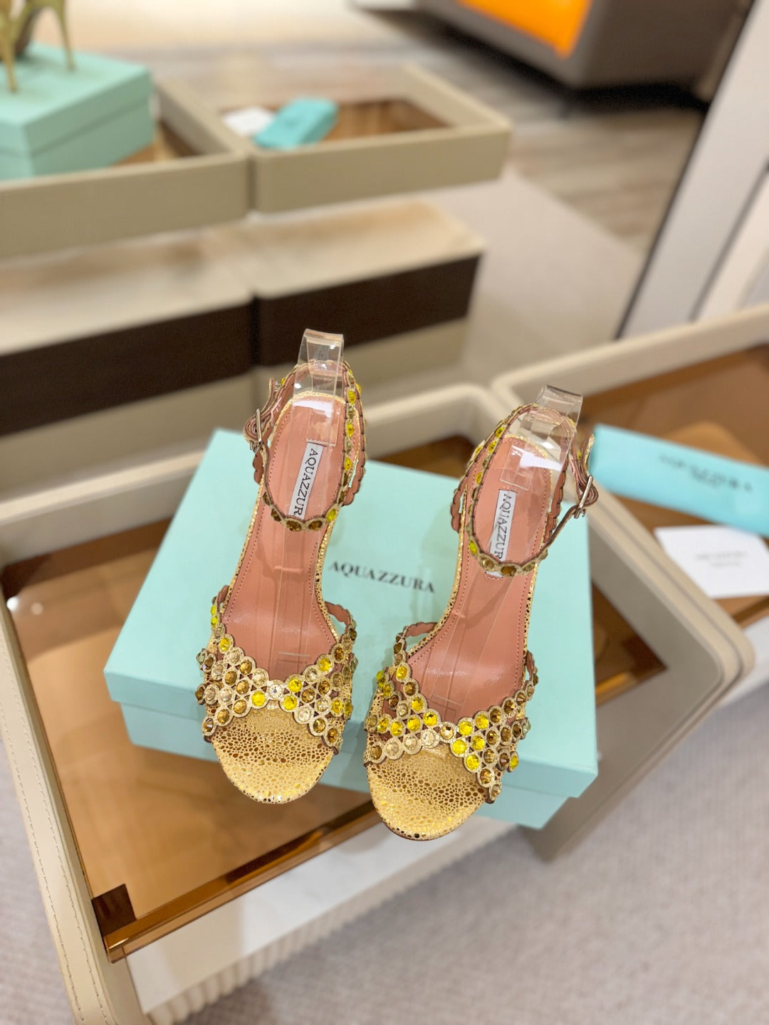 AQUAZZURA 26S STRAPPY HIGH HEELS 105 MM IN GOLD METALLIC TEXTURED LEATHER
