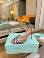 AQUAZZURA 26S STRAPPY HIGH HEELS 105 MM IN MULTICOLOR SNAKESKIN