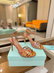 AQUAZZURA 26S STRAPPY HIGH HEELS 105 MM IN ROSE GOLD HOLOGRAM LAMBSKIN