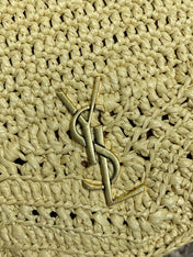 DRAWSTRING BUCKET BAG 19 IN BEIGE WOVEN RAFFIA AND CALFSKIN