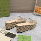 HIGH WEDGE PLATFORM IN CAMEL BEIGE CANVAS WITH DOUBLE CRYSTAL G BUCKLE